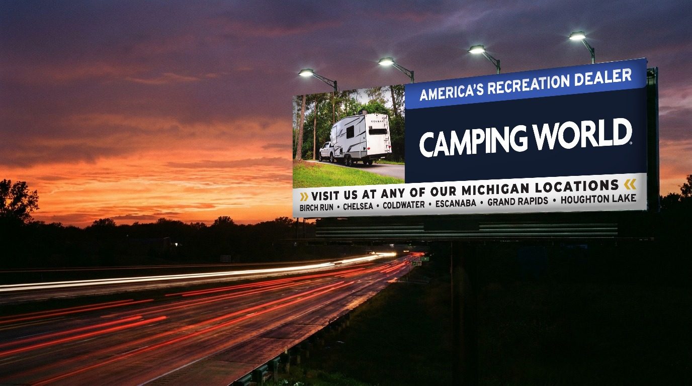 Camping World Michigan locations billboard at dusk
