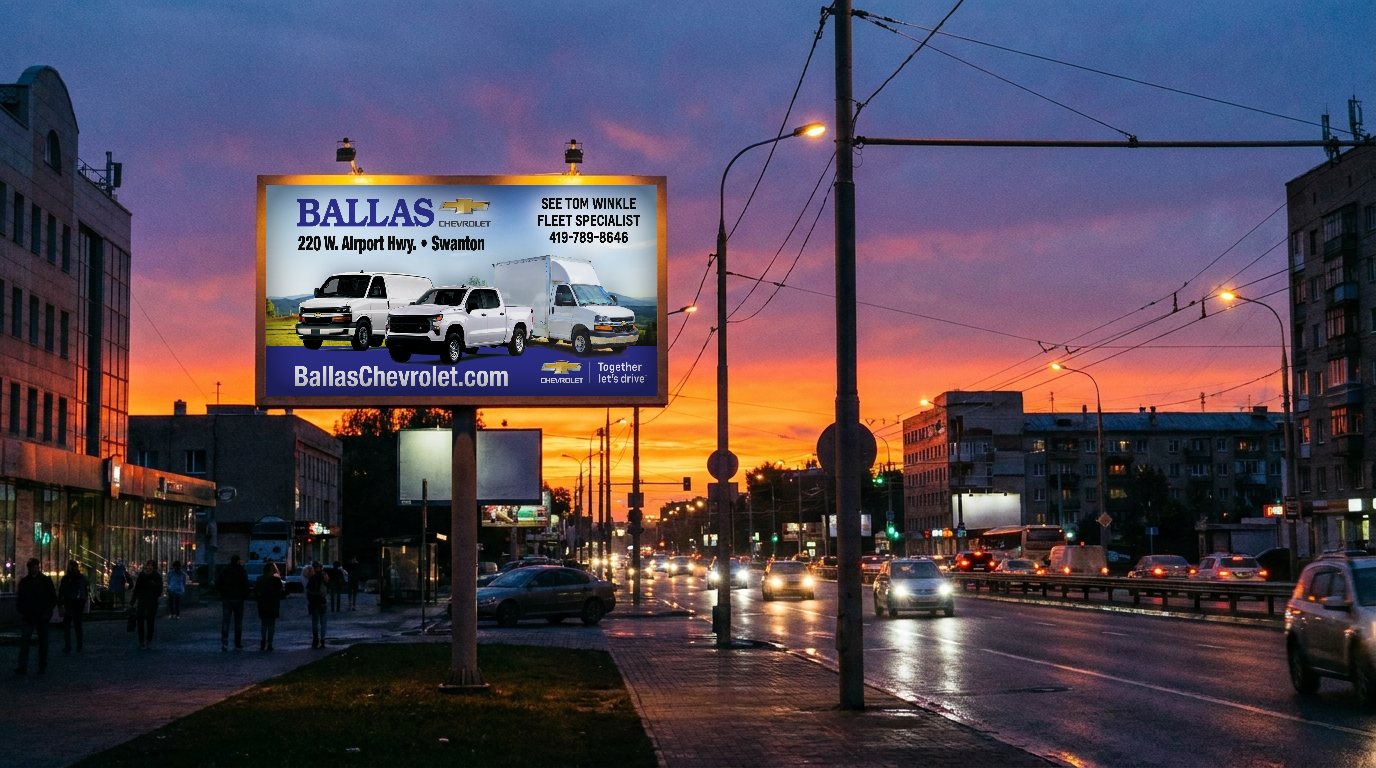 Ballas Chevrolet fleet billboard on a city street at dusk
