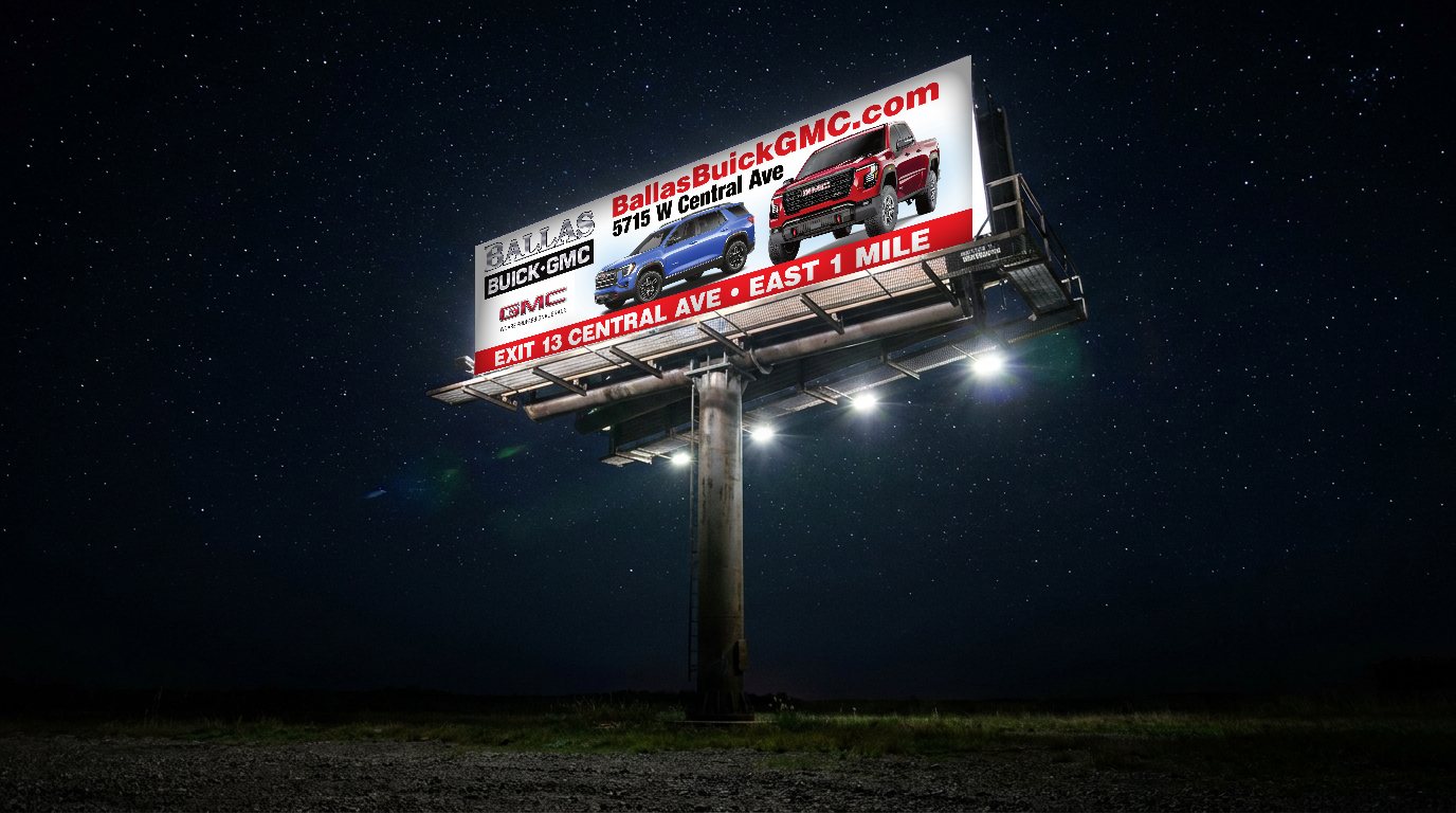 Ballas Buick GMC billboard lit under a starry sky