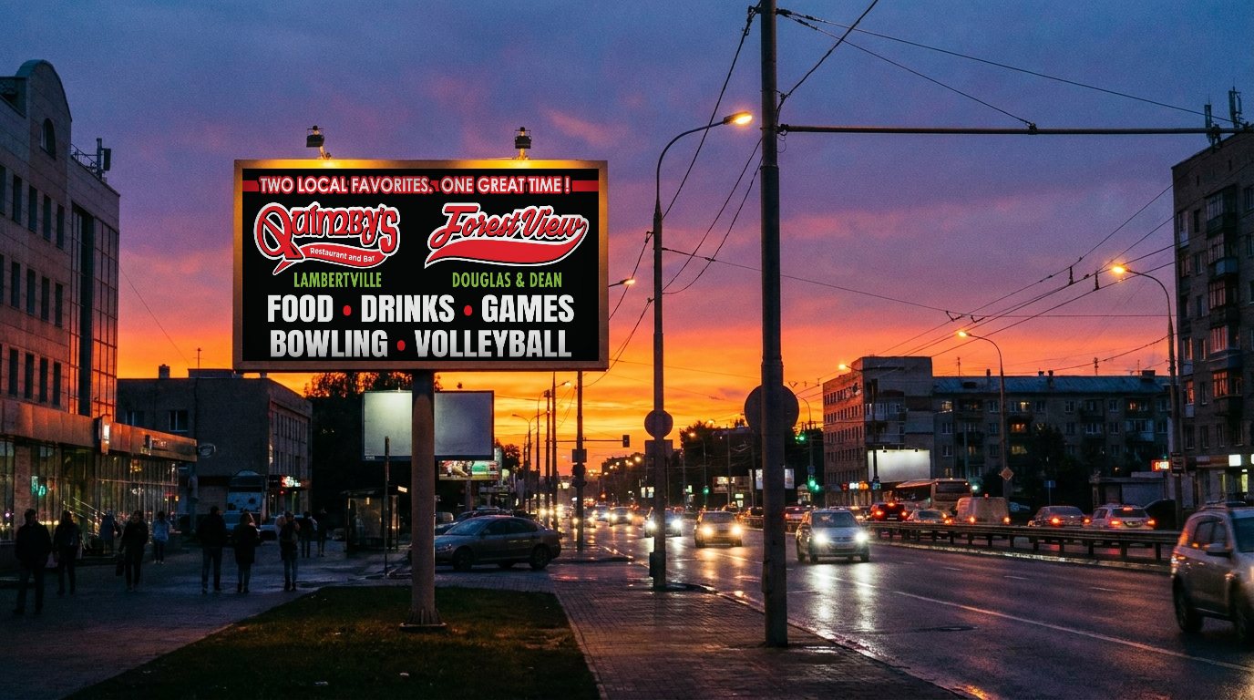 Quimby's and Forest View billboard on a city street at dusk