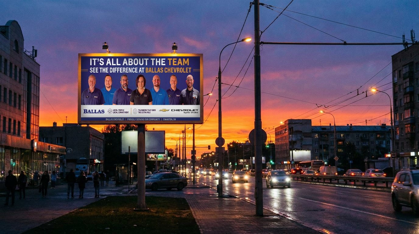 Ballas Chevrolet team billboard on a city street at dusk